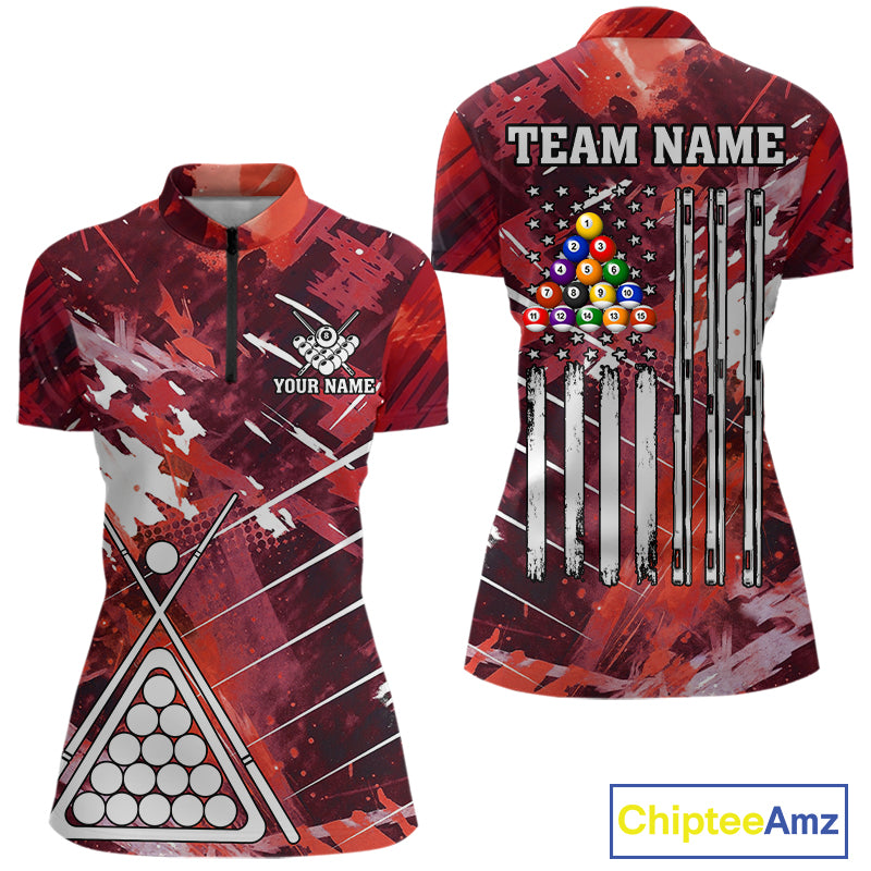 Red Grunge US Flag Billiard Shirt For Women Custom 8 Ball Pool Team Shirt, Funny Billiard Jersey TDM4970