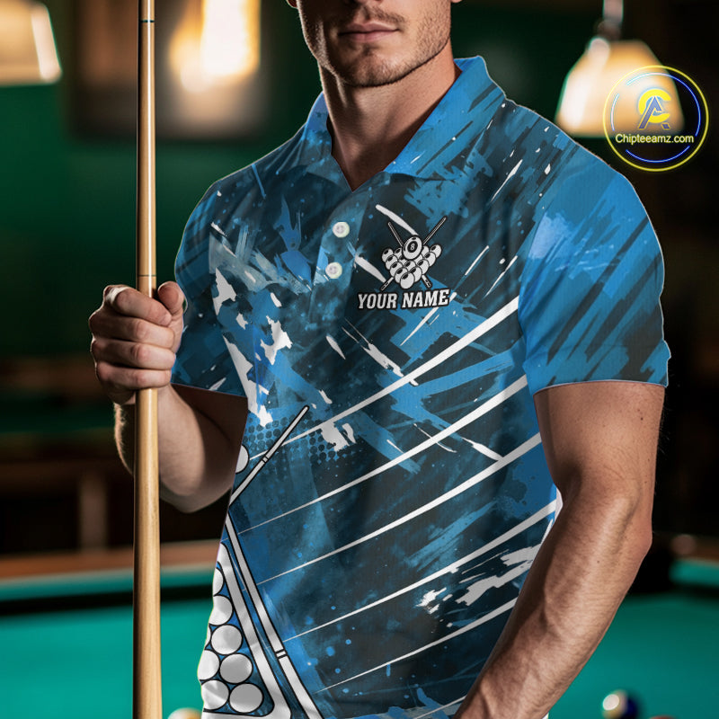 Blue Grunge US Flag Billiard Shirt For Men Custom 8 Ball Pool Team Shirt, Funny Billiard Jersey TDM4971