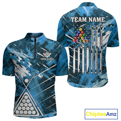Blue Grunge US Flag Billiard Shirt For Men Custom 8 Ball Pool Team Shirt, Funny Billiard Jersey TDM4971