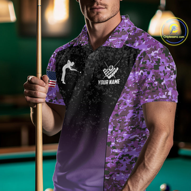 Custom Purple Camo US Flag 8 Ball Pool Shirt For Men, Billiard Team Jersey Polo & 1/4 Zip TDM7805