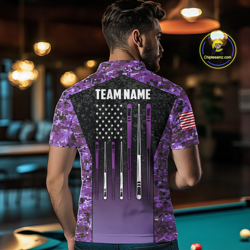 Custom Purple Camo US Flag 8 Ball Pool Shirt For Men, Billiard Team Jersey Polo & 1/4 Zip TDM7805