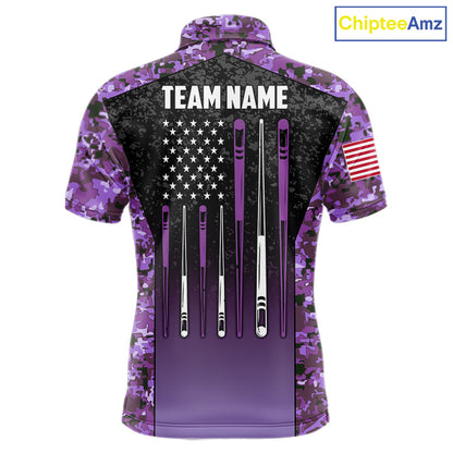 Custom Purple Camo US Flag 8 Ball Pool Shirt For Men, Billiard Team Jersey Polo & 1/4 Zip TDM7805