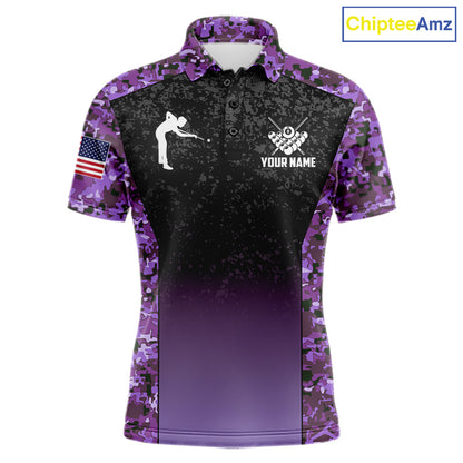 Custom Purple Camo US Flag 8 Ball Pool Shirt For Men, Billiard Team Jersey Polo & 1/4 Zip TDM7805