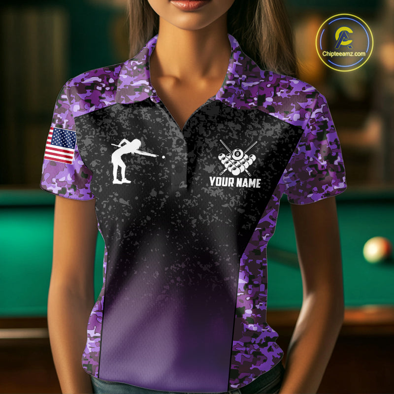 Custom Purple Camo US Flag 8 Ball Pool Shirt For Women, Billiard Team Jersey Polo & 1/4 Zip TDM7805