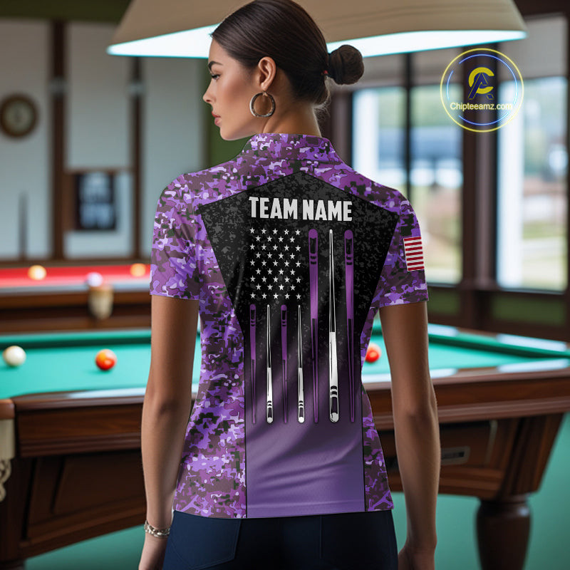 Custom Purple Camo US Flag 8 Ball Pool Shirt For Women, Billiard Team Jersey Polo & 1/4 Zip TDM7805