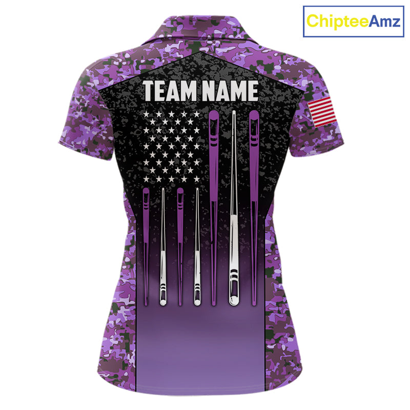 Custom Purple Camo US Flag 8 Ball Pool Shirt For Women, Billiard Team Jersey Polo & 1/4 Zip TDM7805