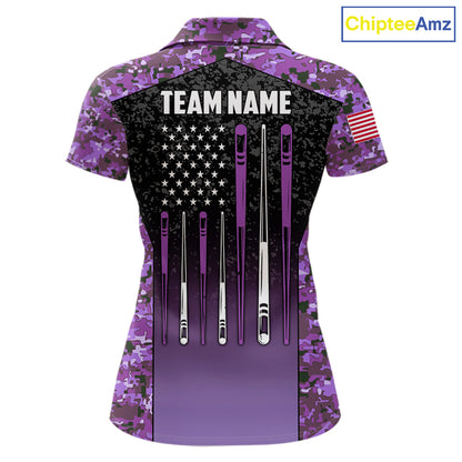Custom Purple Camo US Flag 8 Ball Pool Shirt For Women, Billiard Team Jersey Polo & 1/4 Zip TDM7805
