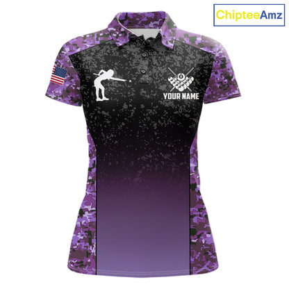 Custom Purple Camo US Flag 8 Ball Pool Shirt For Women, Billiard Team Jersey Polo & 1/4 Zip TDM7805