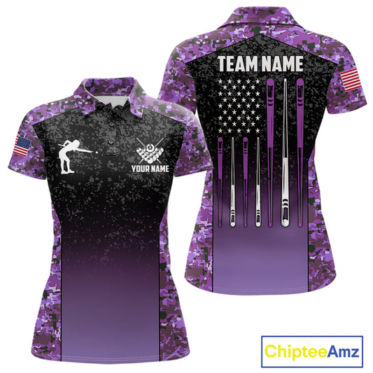 Custom Purple Camo US Flag 8 Ball Pool Shirt For Women, Billiard Team Jersey Polo & 1/4 Zip TDM7805