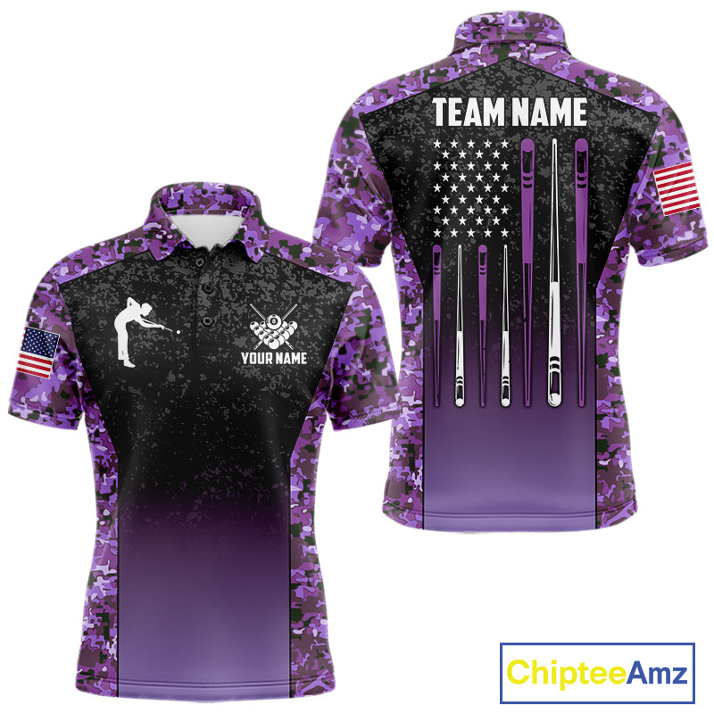 Custom Purple Camo US Flag 8 Ball Pool Shirt For Men, Billiard Team Jersey Polo & 1/4 Zip TDM7805