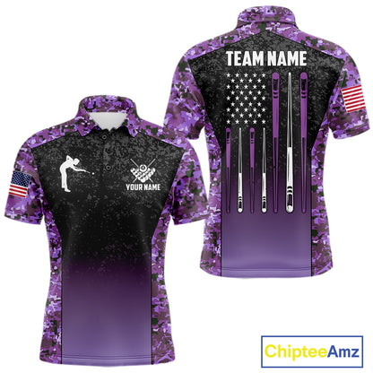 Custom Purple Camo US Flag 8 Ball Pool Shirt For Men, Billiard Team Jersey Polo & 1/4 Zip TDM7805