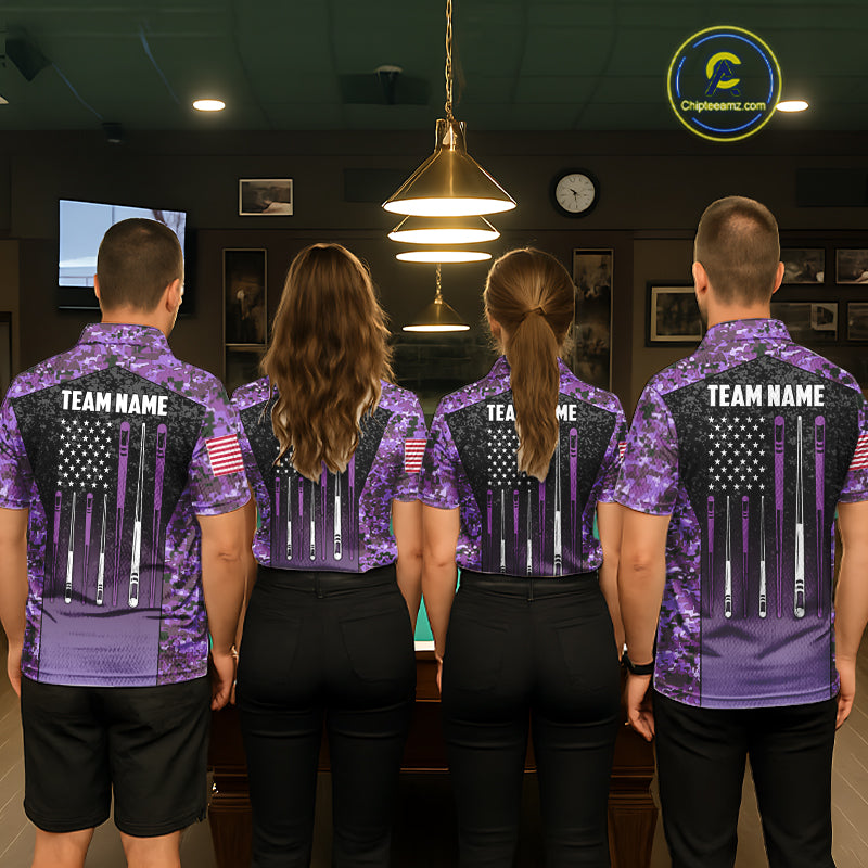 Custom Purple Camo US Flag 8 Ball Pool Shirt For Men, Billiard Team Jersey Polo & 1/4 Zip TDM7805