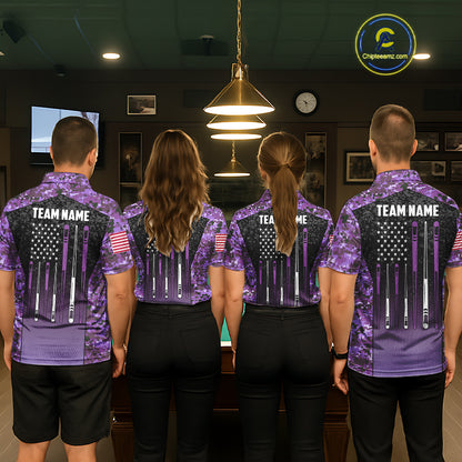 Custom Purple Camo US Flag 8 Ball Pool Shirt For Men, Billiard Team Jersey Polo & 1/4 Zip TDM7805