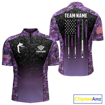 Custom Purple Camo US Flag 8 Ball Pool Shirt For Men, Billiard Team Jersey Polo & 1/4 Zip TDM7805