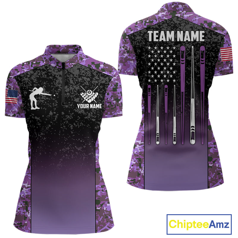 Custom Purple Camo US Flag 8 Ball Pool Shirt For Women, Billiard Team Jersey Polo & 1/4 Zip TDM7805