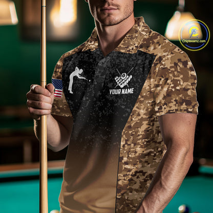 Custom Brown Camo US Flag 8 Ball Pool Shirt For Men, Billiard Team Jersey Polo & 1/4 Zip TDM7806