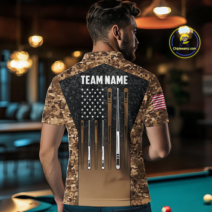 Custom Brown Camo US Flag 8 Ball Pool Shirt For Men, Billiard Team Jersey Polo & 1/4 Zip TDM7806