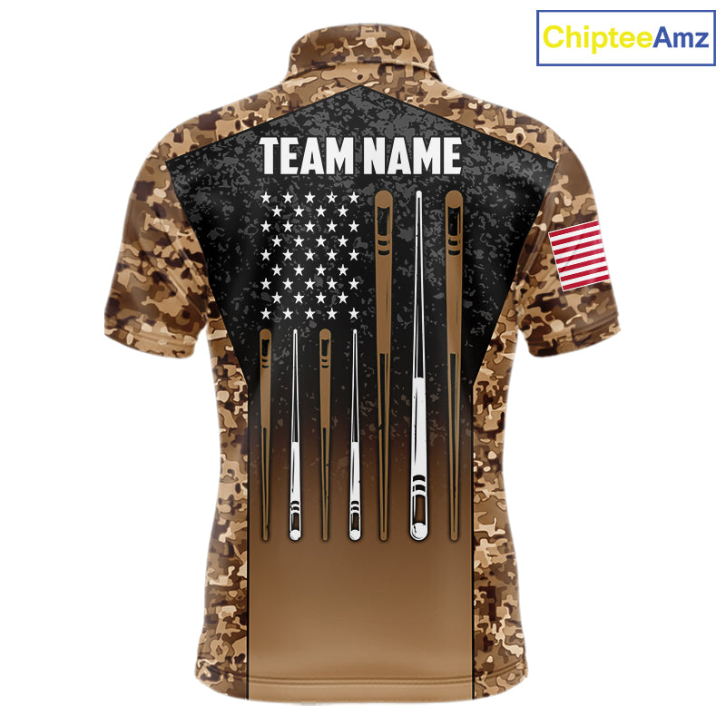 Custom Brown Camo US Flag 8 Ball Pool Shirt For Men, Billiard Team Jersey Polo & 1/4 Zip TDM7806