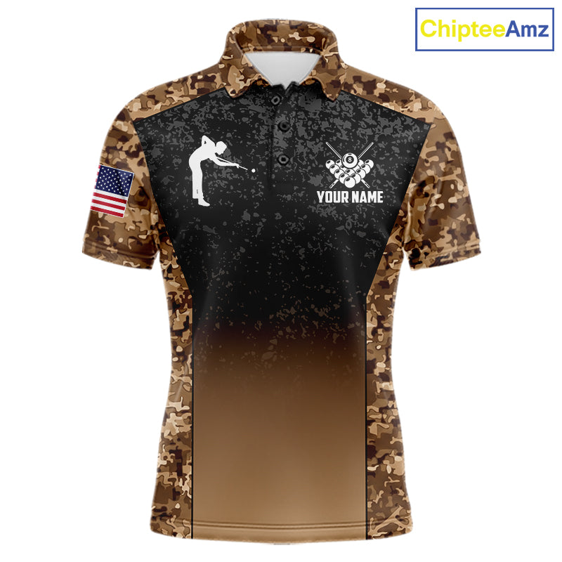 Custom Brown Camo US Flag 8 Ball Pool Shirt For Men, Billiard Team Jersey Polo & 1/4 Zip TDM7806