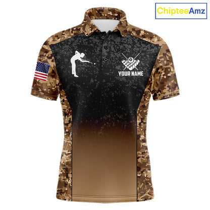 Custom Brown Camo US Flag 8 Ball Pool Shirt For Men, Billiard Team Jersey Polo & 1/4 Zip TDM7806