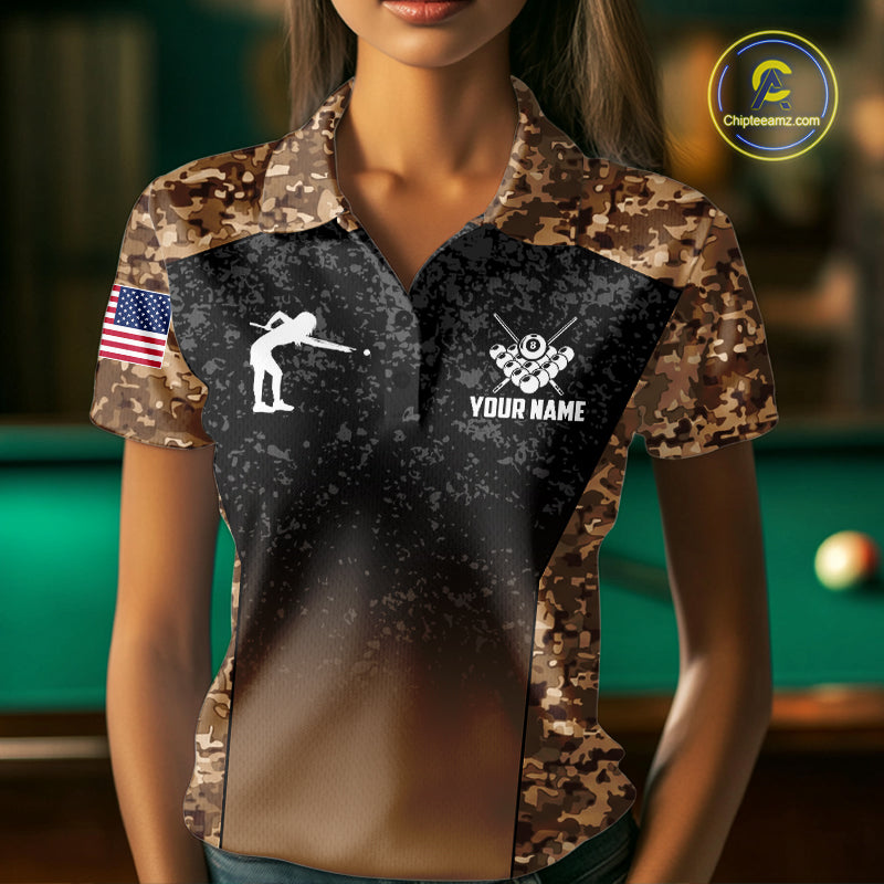 Custom Brown Camo US Flag 8 Ball Pool Shirt For Women, Billiard Team Jersey Polo & 1/4 Zip TDM7806