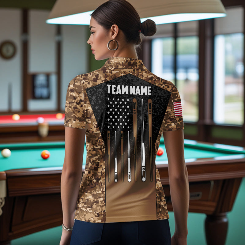 Custom Brown Camo US Flag 8 Ball Pool Shirt For Women, Billiard Team Jersey Polo & 1/4 Zip TDM7806