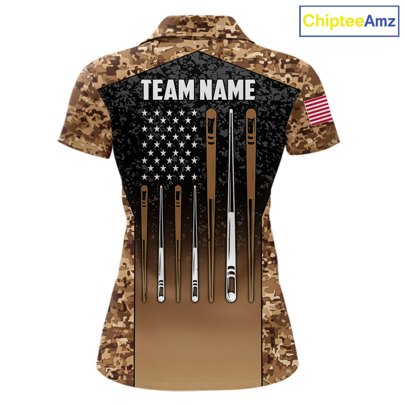 Custom Brown Camo US Flag 8 Ball Pool Shirt For Women, Billiard Team Jersey Polo & 1/4 Zip TDM7806