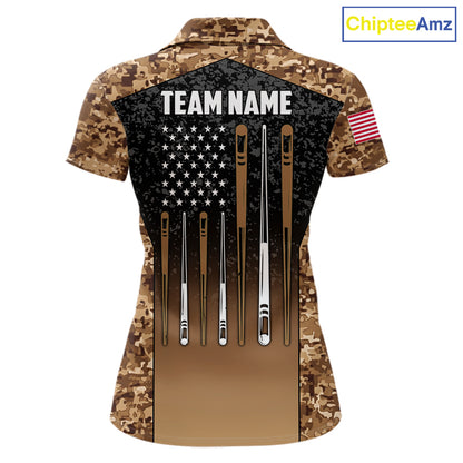 Custom Brown Camo US Flag 8 Ball Pool Shirt For Women, Billiard Team Jersey Polo & 1/4 Zip TDM7806