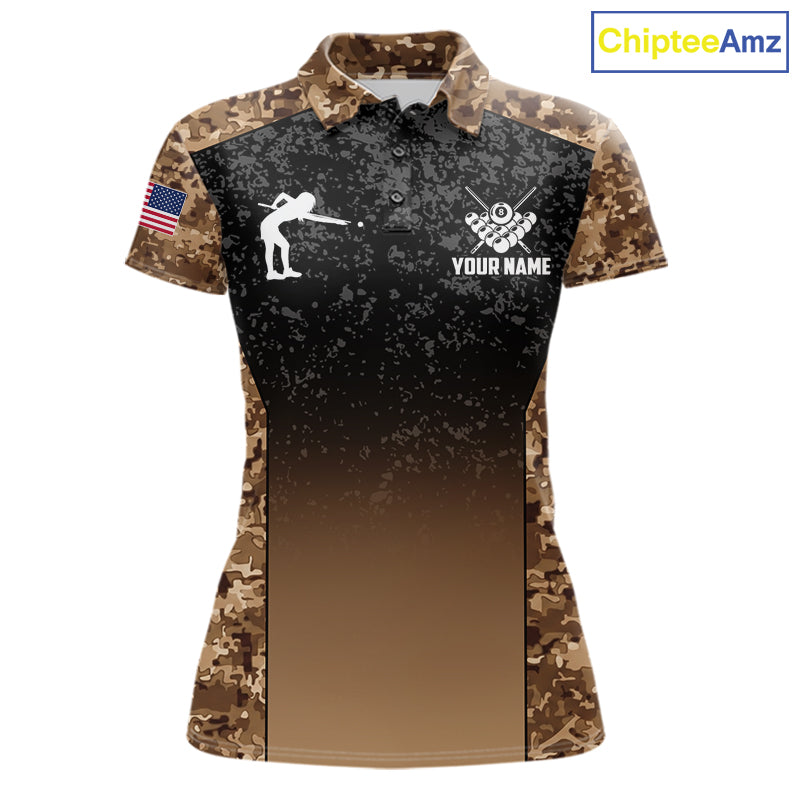 Custom Brown Camo US Flag 8 Ball Pool Shirt For Women, Billiard Team Jersey Polo & 1/4 Zip TDM7806