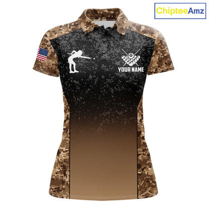 Custom Brown Camo US Flag 8 Ball Pool Shirt For Women, Billiard Team Jersey Polo & 1/4 Zip TDM7806