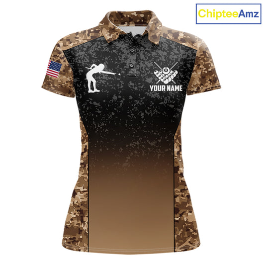 Custom Brown Camo US Flag 8 Ball Pool Shirt For Women, Billiard Team Jersey Polo & 1/4 Zip TDM7806