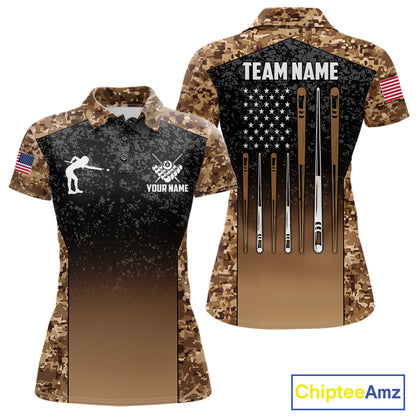 Custom Brown Camo US Flag 8 Ball Pool Shirt For Women, Billiard Team Jersey Polo & 1/4 Zip TDM7806