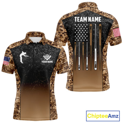 Custom Brown Camo US Flag 8 Ball Pool Shirt For Men, Billiard Team Jersey Polo & 1/4 Zip TDM7806