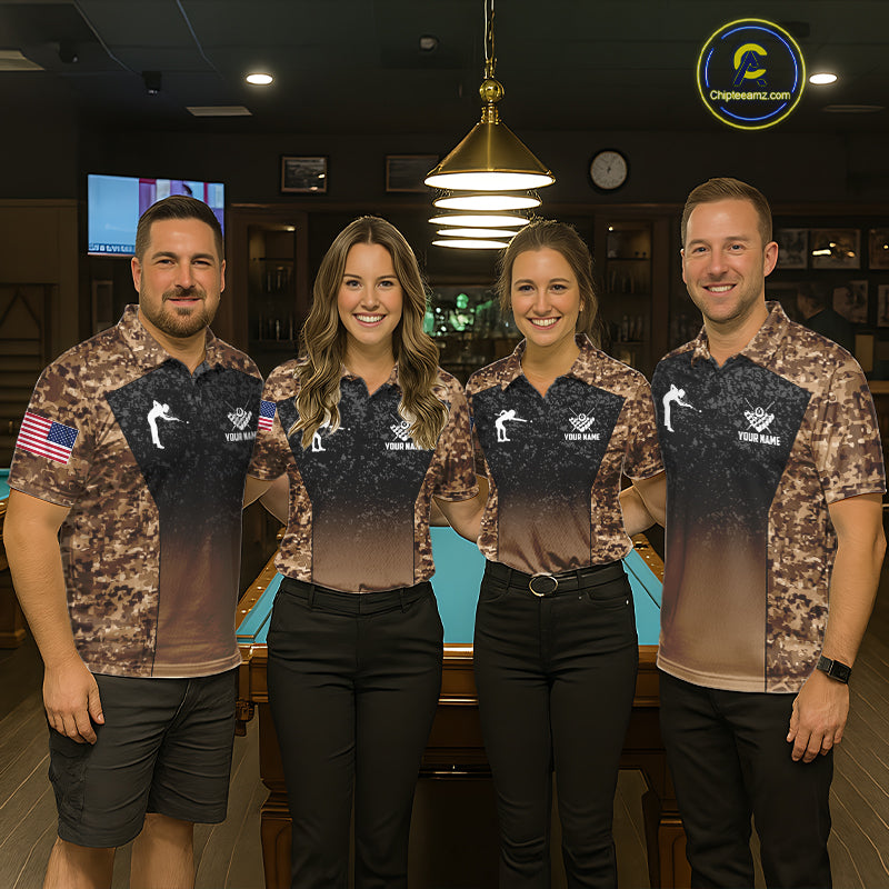 Custom Brown Camo US Flag 8 Ball Pool Shirt For Men, Billiard Team Jersey Polo & 1/4 Zip TDM7806