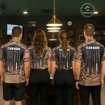 Custom Brown Camo US Flag 8 Ball Pool Shirt For Men, Billiard Team Jersey Polo & 1/4 Zip TDM7806