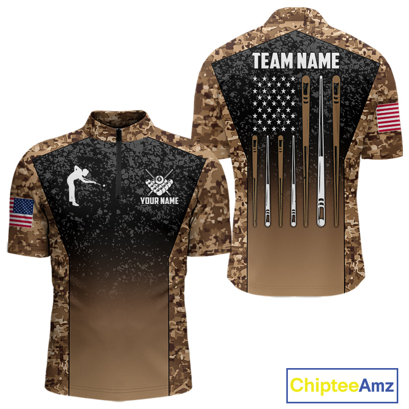 Custom Brown Camo US Flag 8 Ball Pool Shirt For Men, Billiard Team Jersey Polo & 1/4 Zip TDM7806