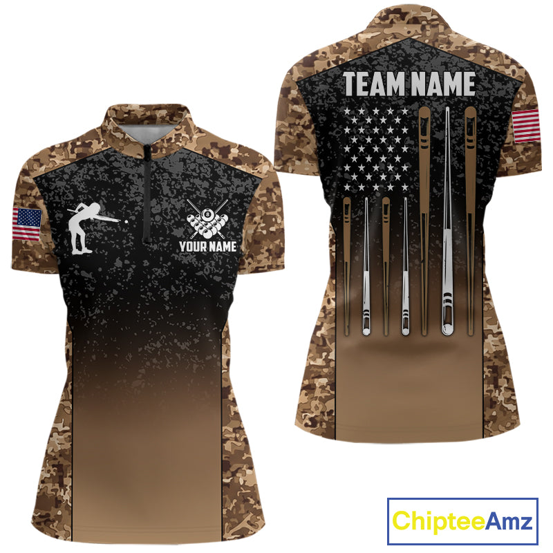 Custom Brown Camo US Flag 8 Ball Pool Shirt For Women, Billiard Team Jersey Polo & 1/4 Zip TDM7806