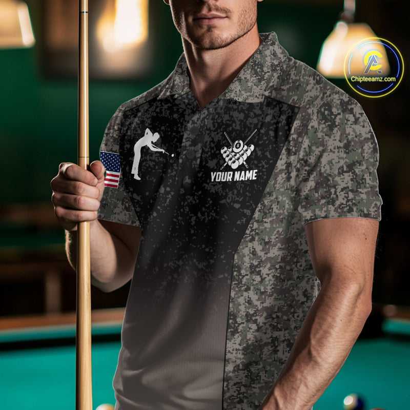 Custom Vintage Camo US Flag 8 Ball Pool Shirt For Men, Billiard Team Jersey Polo & 1/4 Zip TDM7807