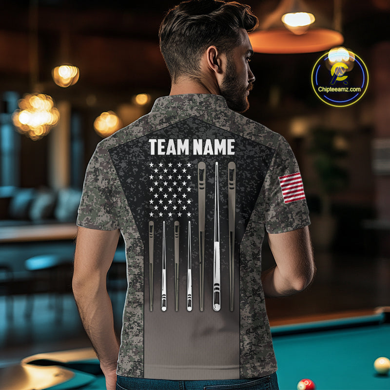 Custom Vintage Camo US Flag 8 Ball Pool Shirt For Men, Billiard Team Jersey Polo & 1/4 Zip TDM7807