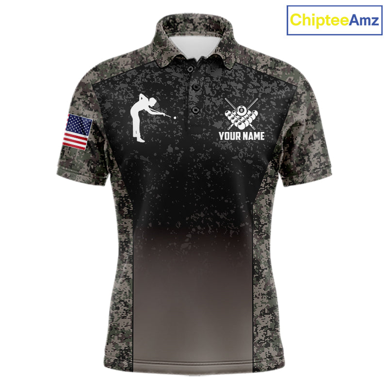 Custom Vintage Camo US Flag 8 Ball Pool Shirt For Men, Billiard Team Jersey Polo & 1/4 Zip TDM7807