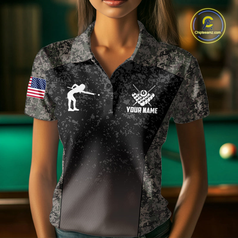 Custom Vintage Camo US Flag 8 Ball Pool Shirt For Women, Billiard Team Jersey Polo & 1/4 Zip TDM7807