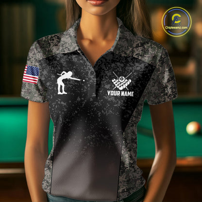 Custom Vintage Camo US Flag 8 Ball Pool Shirt For Women, Billiard Team Jersey Polo & 1/4 Zip TDM7807
