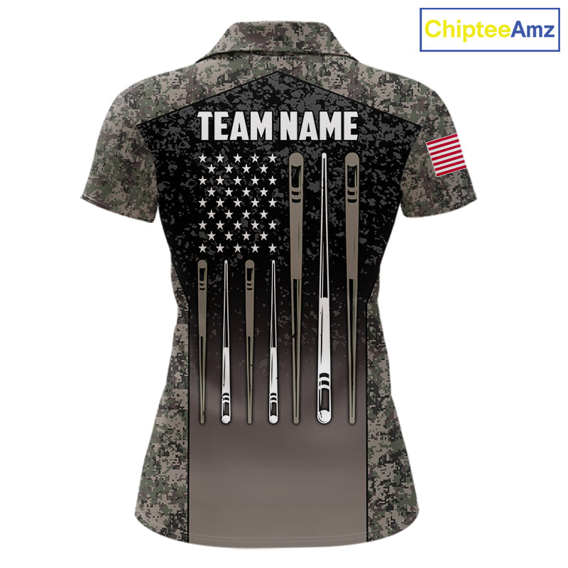 Custom Vintage Camo US Flag 8 Ball Pool Shirt For Women, Billiard Team Jersey Polo & 1/4 Zip TDM7807