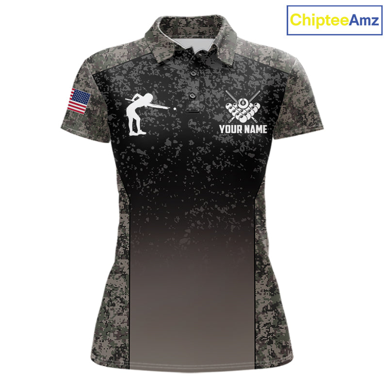 Custom Vintage Camo US Flag 8 Ball Pool Shirt For Women, Billiard Team Jersey Polo & 1/4 Zip TDM7807