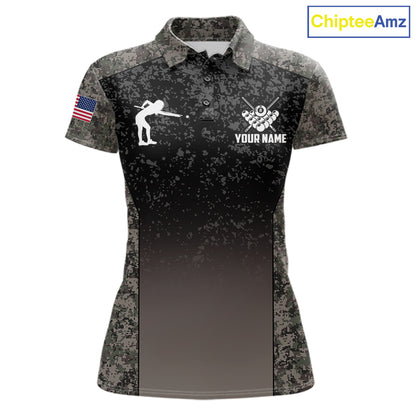 Custom Vintage Camo US Flag 8 Ball Pool Shirt For Women, Billiard Team Jersey Polo & 1/4 Zip TDM7807