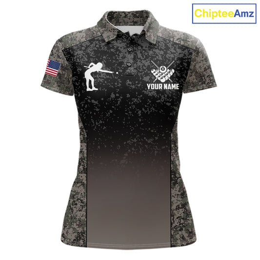 Custom Vintage Camo US Flag 8 Ball Pool Shirt For Women, Billiard Team Jersey Polo & 1/4 Zip TDM7807