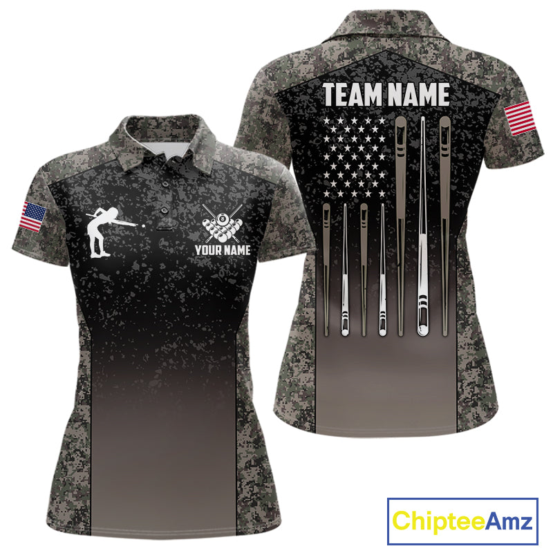 Custom Vintage Camo US Flag 8 Ball Pool Shirt For Women, Billiard Team Jersey Polo & 1/4 Zip TDM7807
