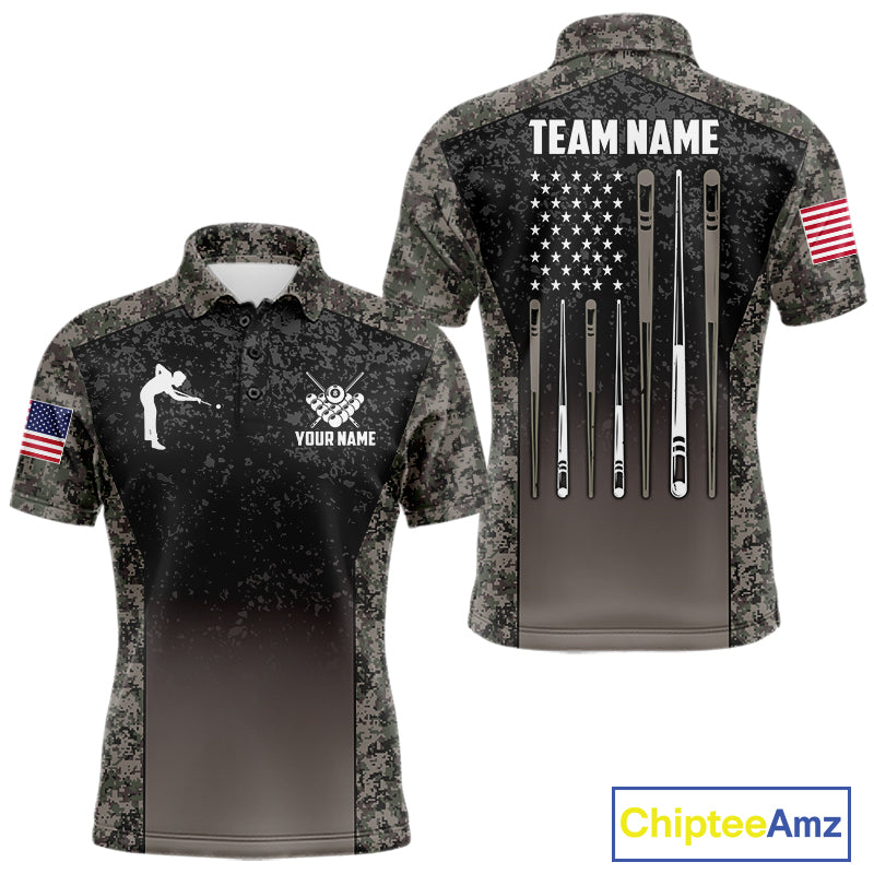 Custom Vintage Camo US Flag 8 Ball Pool Shirt For Men, Billiard Team Jersey Polo & 1/4 Zip TDM7807