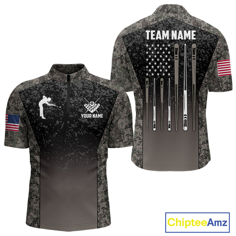 Custom Vintage Camo US Flag 8 Ball Pool Shirt For Men, Billiard Team Jersey Polo & 1/4 Zip TDM7807