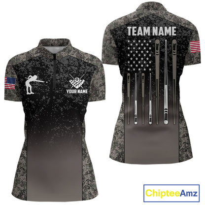 Custom Vintage Camo US Flag 8 Ball Pool Shirt For Women, Billiard Team Jersey Polo & 1/4 Zip TDM7807